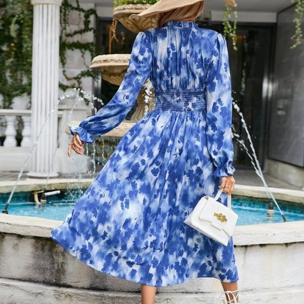 Boho Floral Print Flounce Sleeve Shirred Waist Maxi Dress Blue - Picture 4 of 5